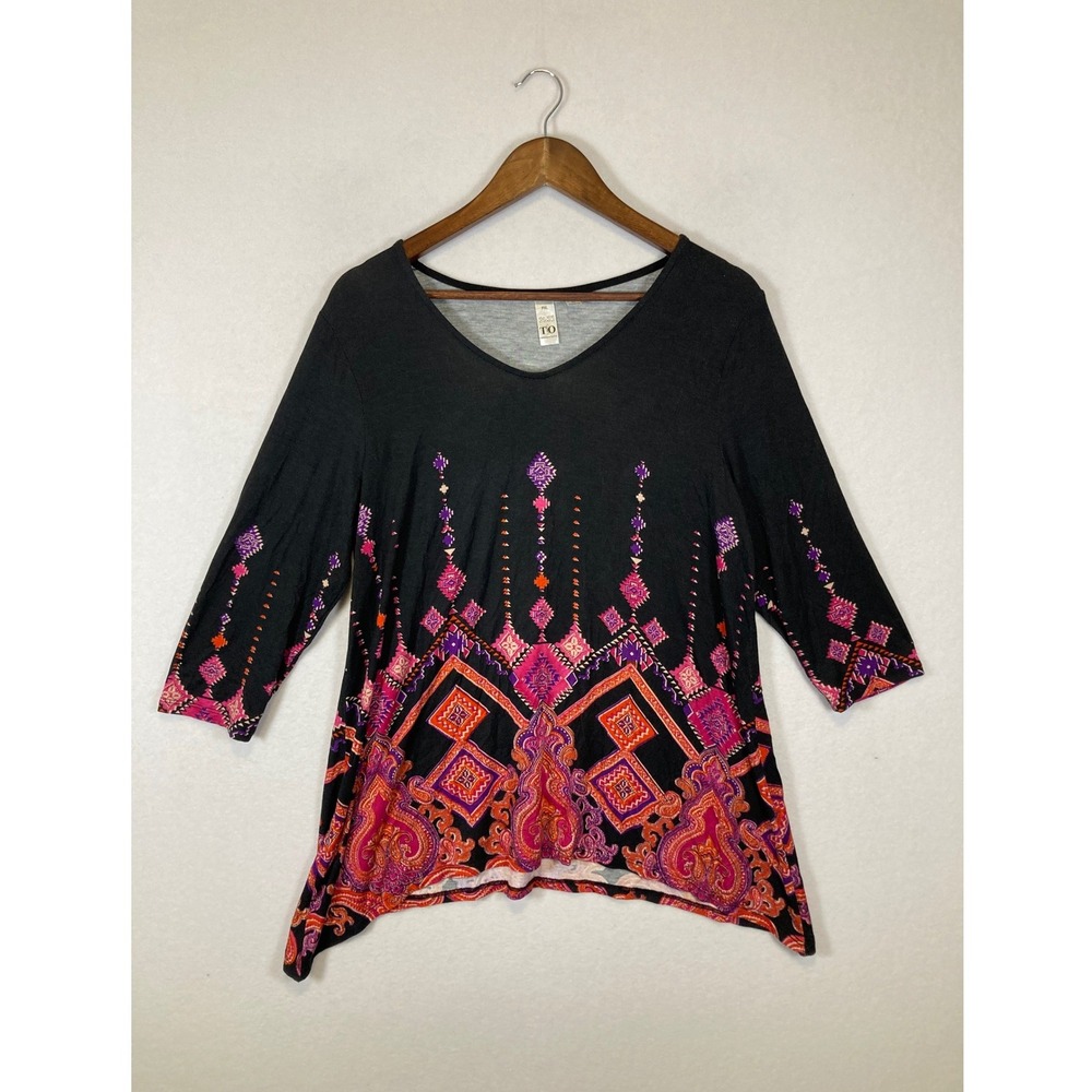 Art To Wear Thomas & Olivia PXL Black Pink Geometric Paisley Sharkbite Tunic Top